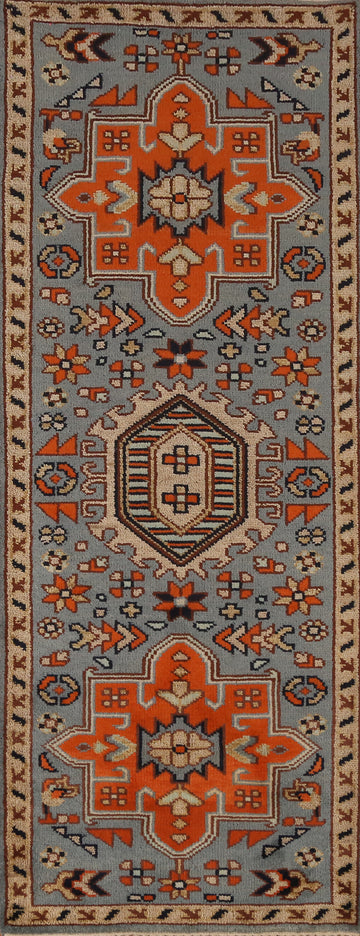 Blue Geometric Heriz Serapi Indian Runner Rug 3x8