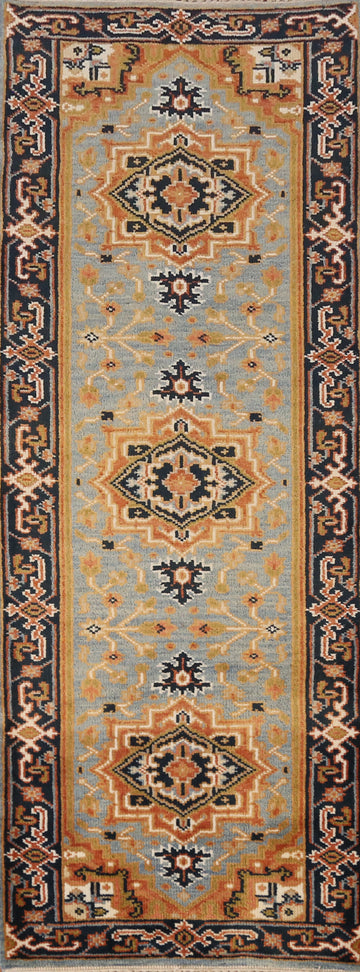 Light Blue Heriz Serapi Indian Runner Rug 3x8