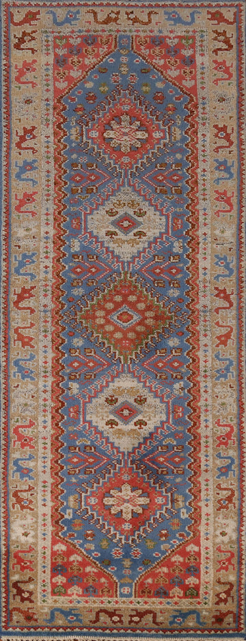 Blue Geometric Heriz Serapi Indian Runner Rug 3x8