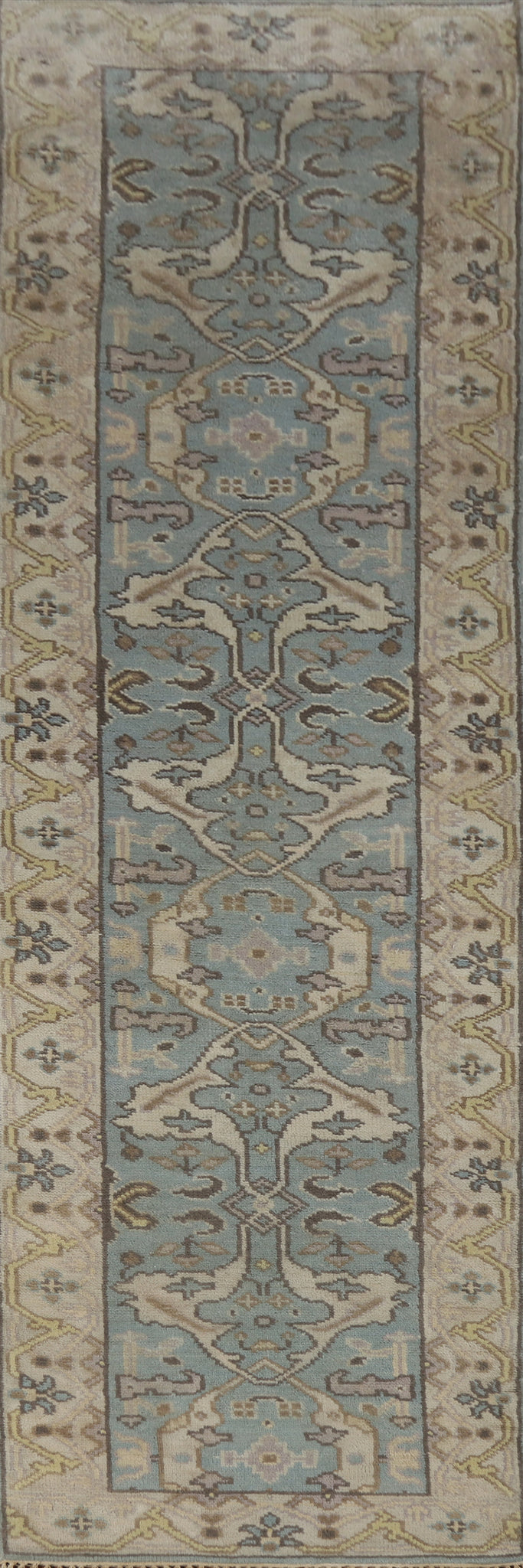 Light Blue Handmade Oushak Indian Runner Rug 3x10