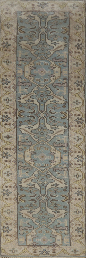 Light Blue Handmade Oushak Indian Runner Rug 3x10