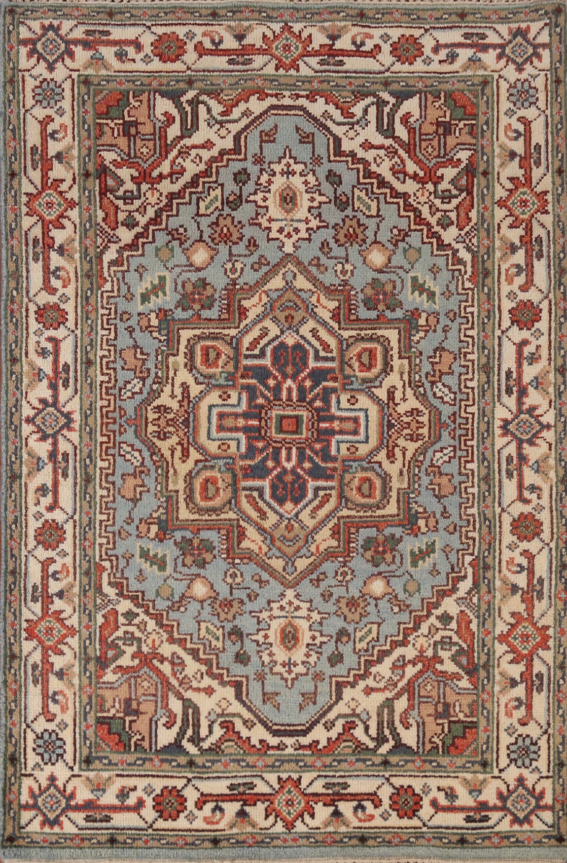 Light Blue Medallion Heriz Serapi Indian Foyer Rug 4x6