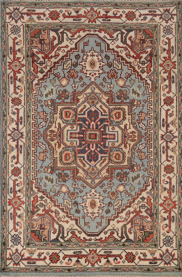 Light Blue Medallion Heriz Serapi Indian Foyer Rug 4x6