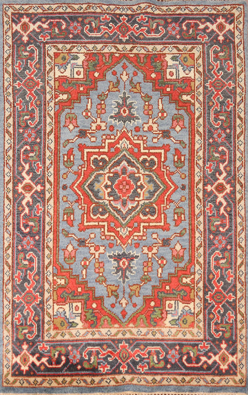 Light Blue Geometric Heriz Serapi Indian Foyer Rug 4x6