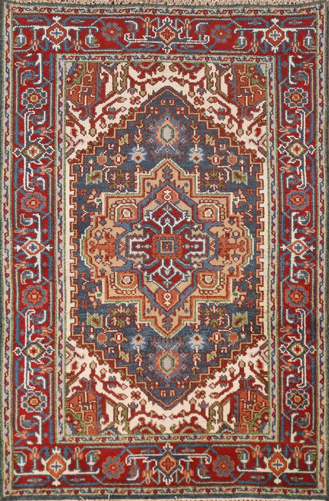 Blue Geometric Heriz Serapi Indian Foyer Rug 4x6