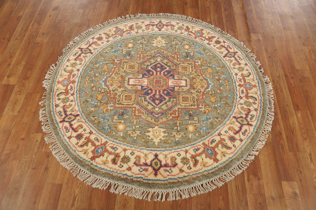 Medallion Wool Heriz Serapi Indian Round Rug 4x4