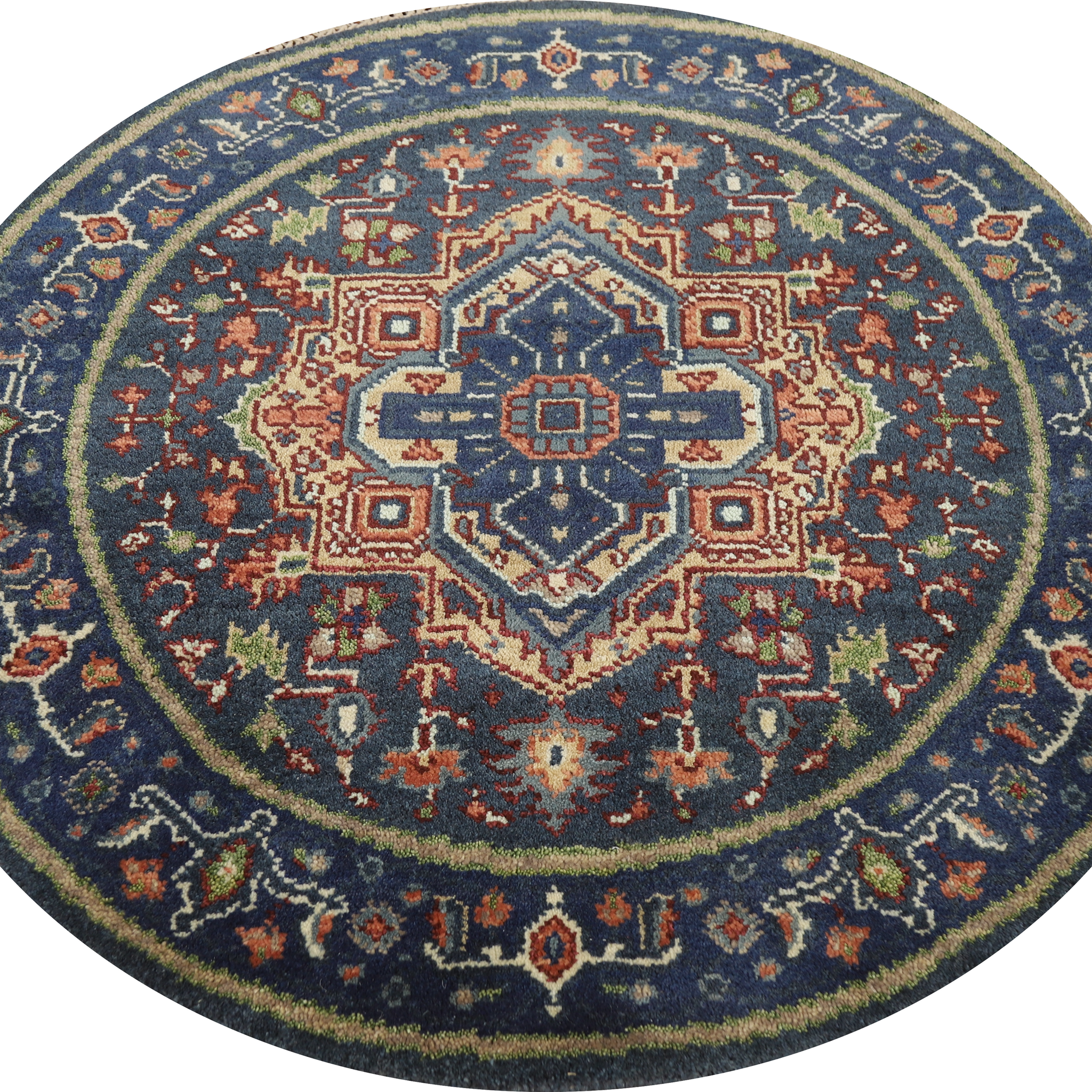 Blue Medallion Heriz Serapi Indian Round Rug 4x4