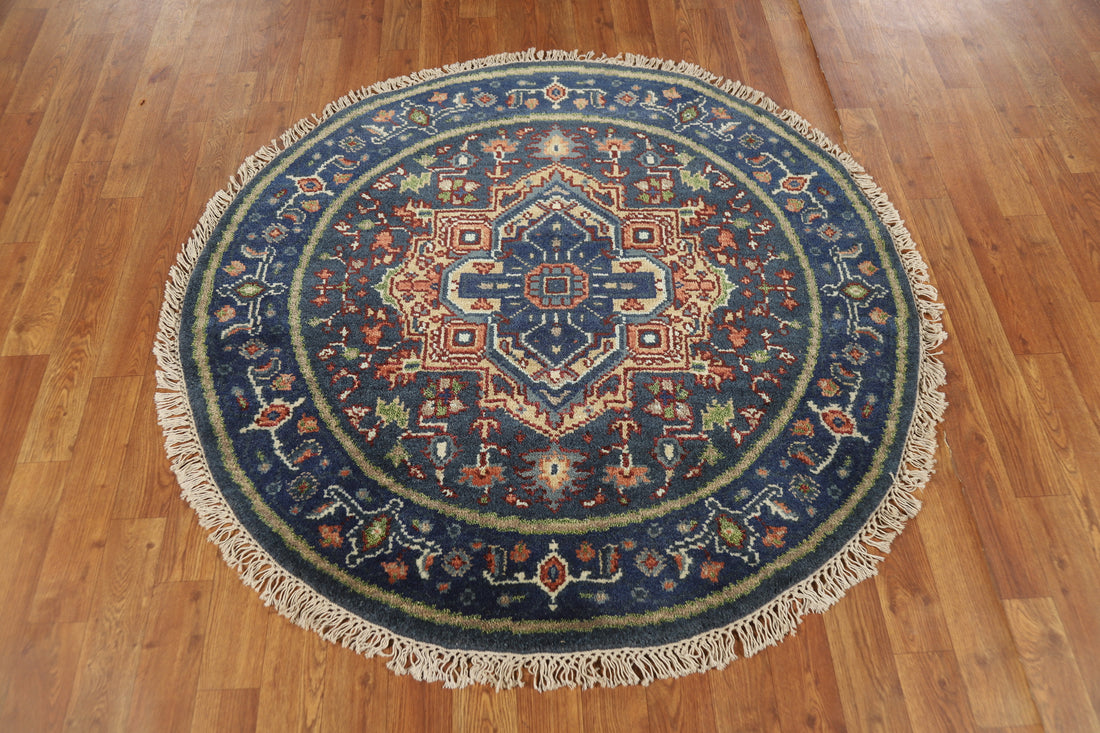 Blue Medallion Heriz Serapi Indian Round Rug 4x4