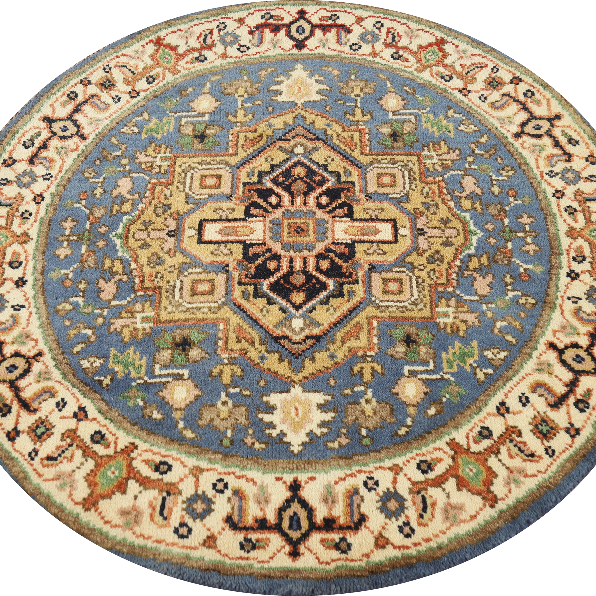 Blue Geometric Heriz Serapi Indian Round Rug 4x4