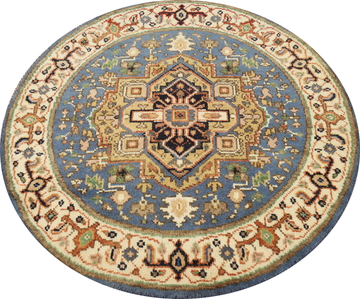 Blue Geometric Heriz Serapi Indian Round Rug 4x4