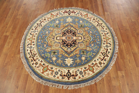 Blue Geometric Heriz Serapi Indian Round Rug 4x4