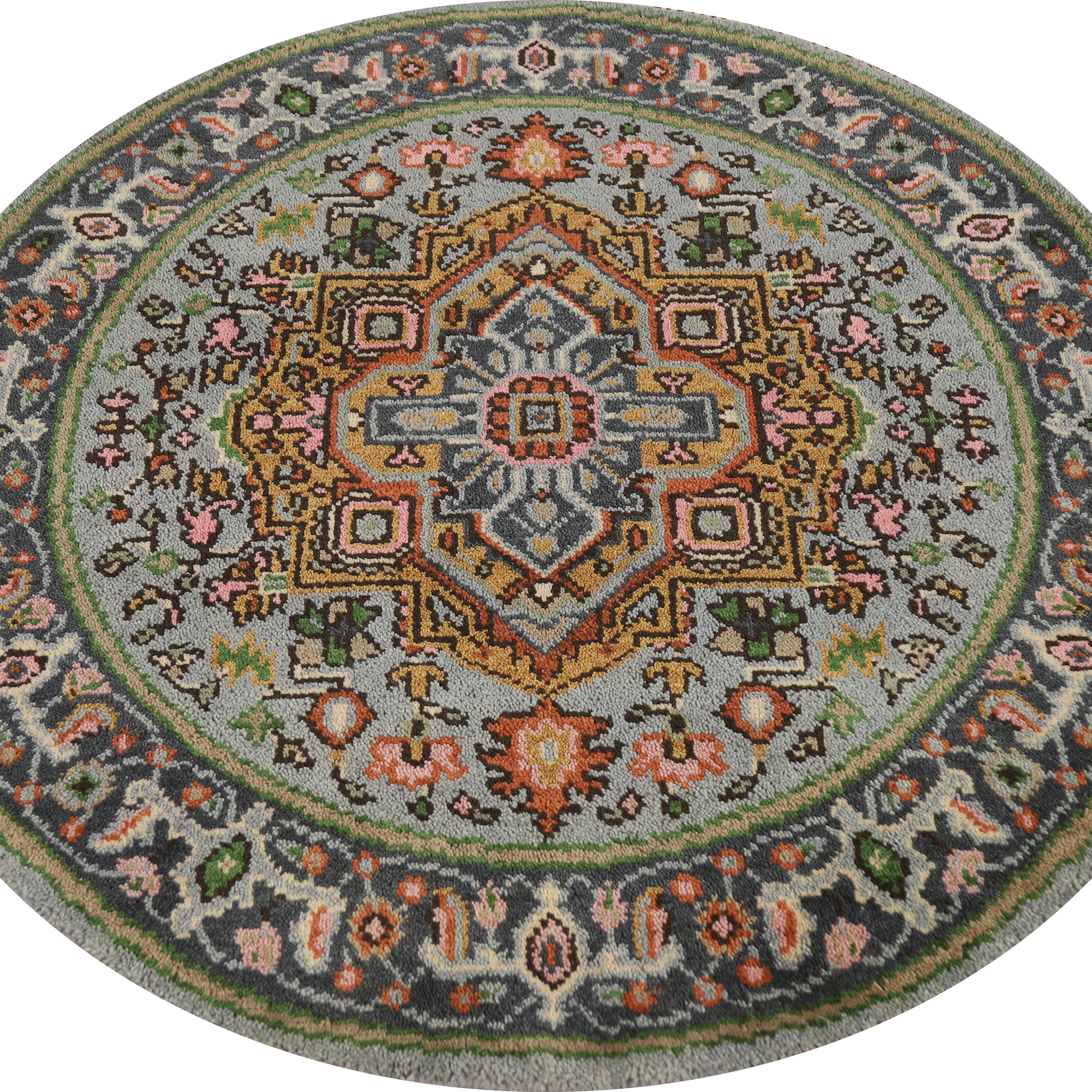 Geometric Heriz Serapi Indian Round Rug 4x4