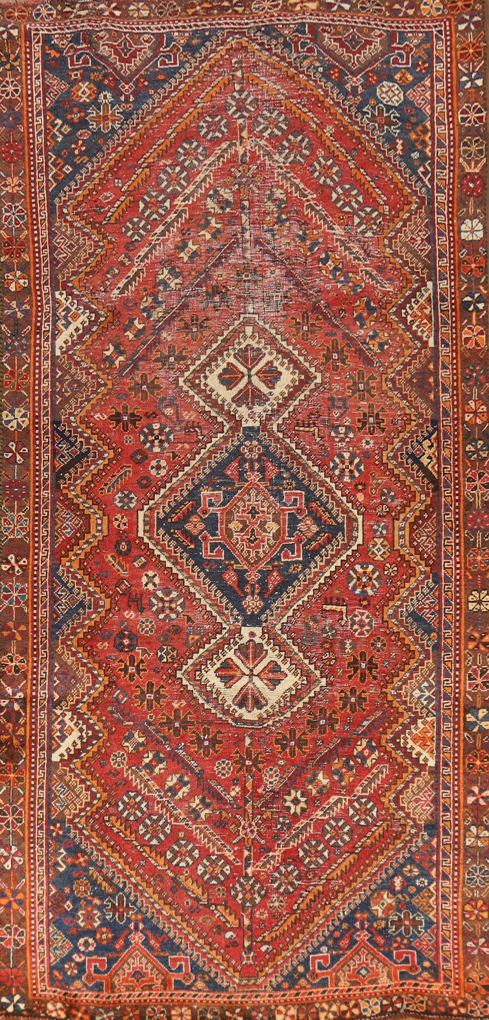 Antique Geometric Qashqai Persian Runner Rug 4x10