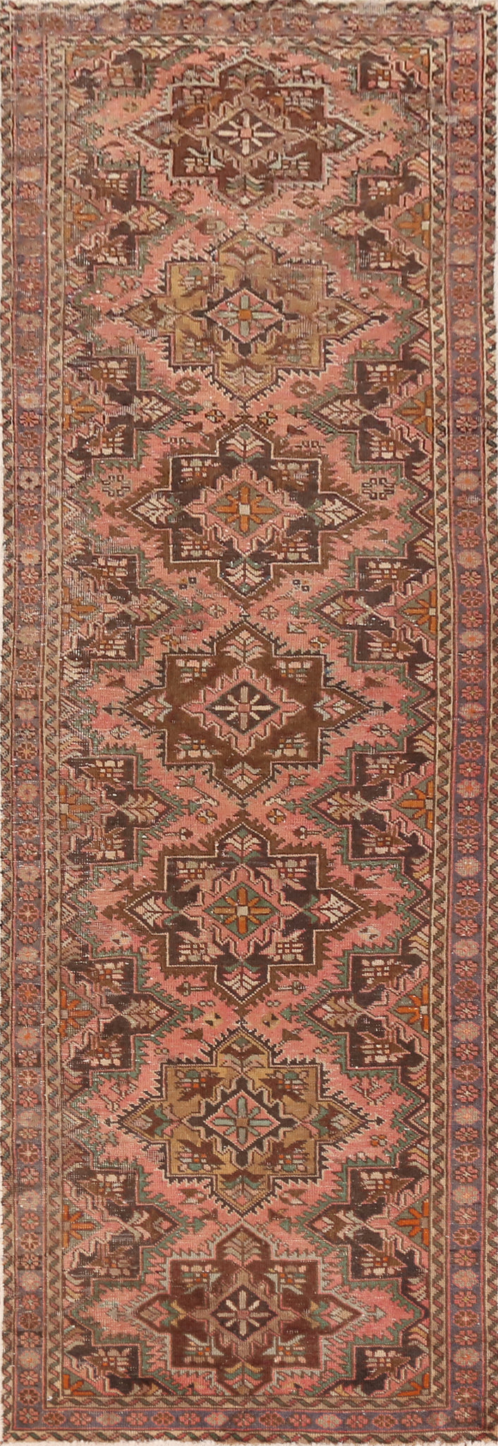 Pink Geometric Wool Tabriz Persian Runner Rug 3x13