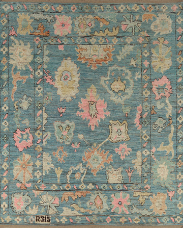 All-Over Blue Floral Oushak Turkish Area Rug 8x10