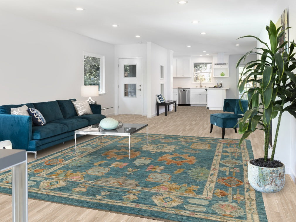 Vegetable Dye Blue Oushak Turkish Area Rug 8x10