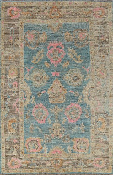 Blue Floral Oushak Vegetable Dye Turkish Area Rug 6x10