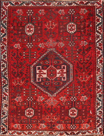 Red Wool Geometric Shiraz Persian Rug 4x5