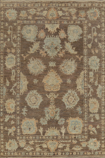 Brown Floral Oushak Vegetable Dye Area Rug 7x10