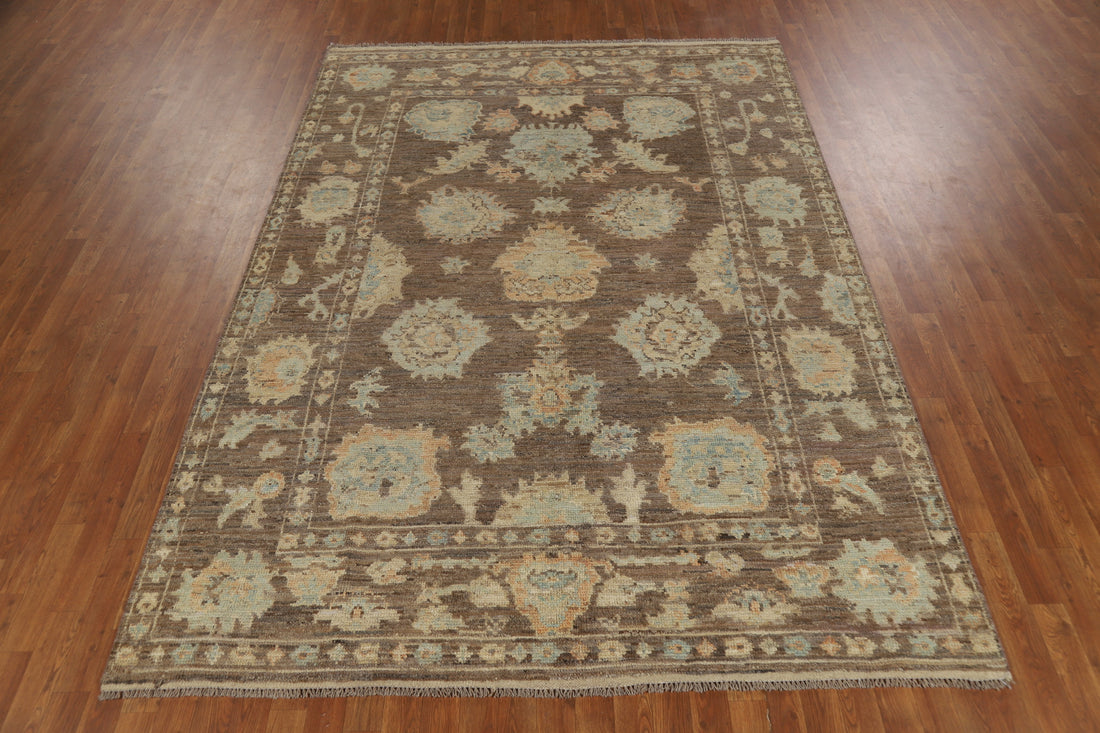 Brown Floral Oushak Vegetable Dye Area Rug 7x10