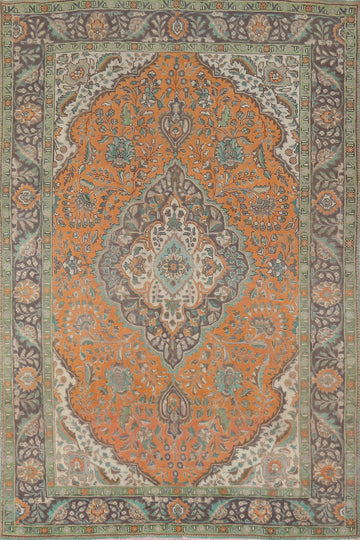 Orange Floral Wool Tabriz Persian Area Rug 6x9