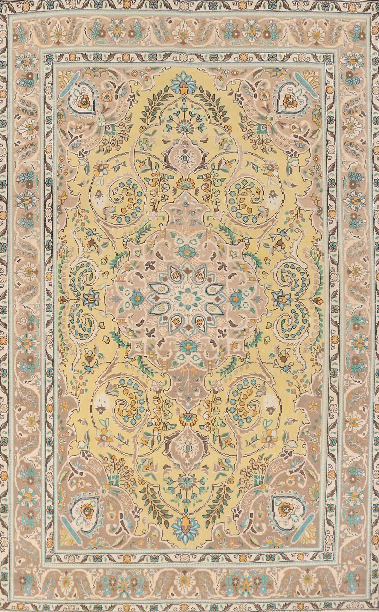 Vintage Yellow Tabriz Persian Area Rug 7x11
