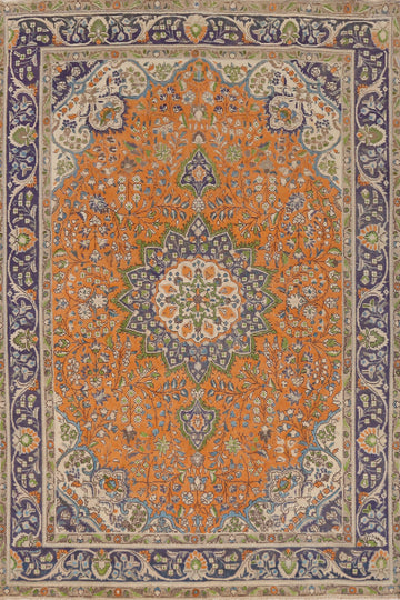 Orange Wool Floral Tabriz Persian Area Rug 7x10