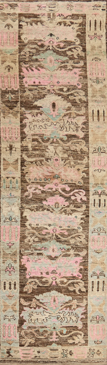 Vegetable Dye Brown Oushak Turkish Runner Rug 4x19