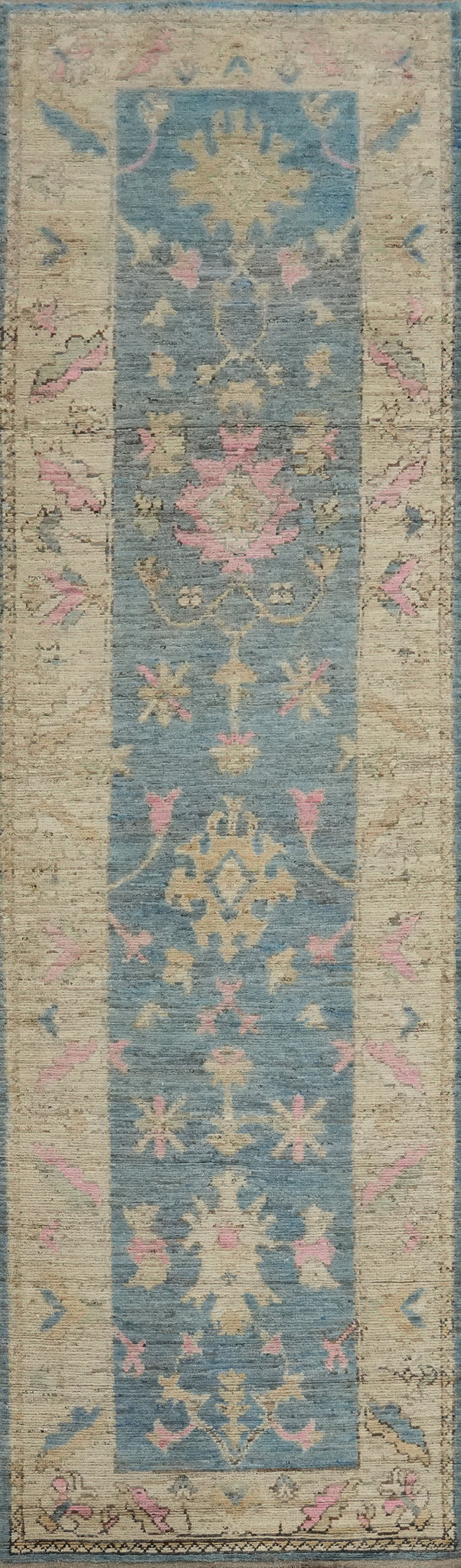 Vegetable Dye Blue Oushak Turkish Runner Rug 3x15
