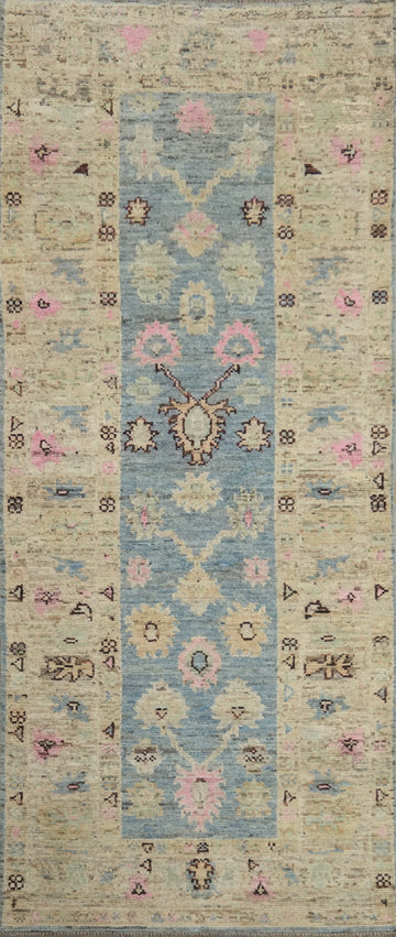 Light Blue Oushak Vegetable Dye Runner Rug 3x9