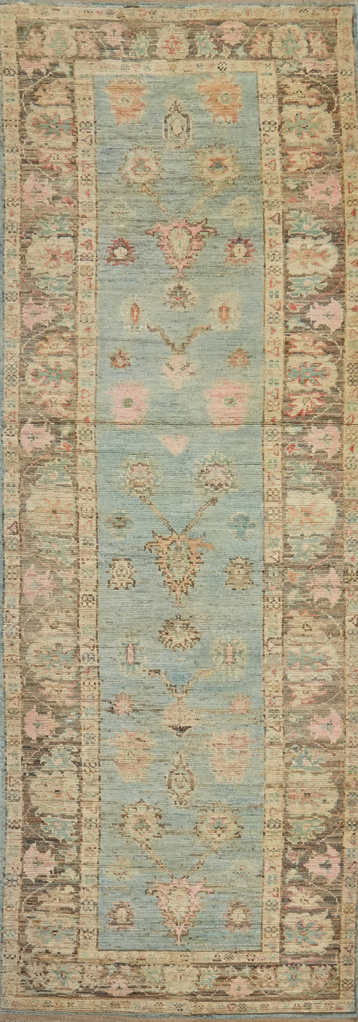 Aqua Blue Oushak Vegetable Dye Runner Rug 4x16