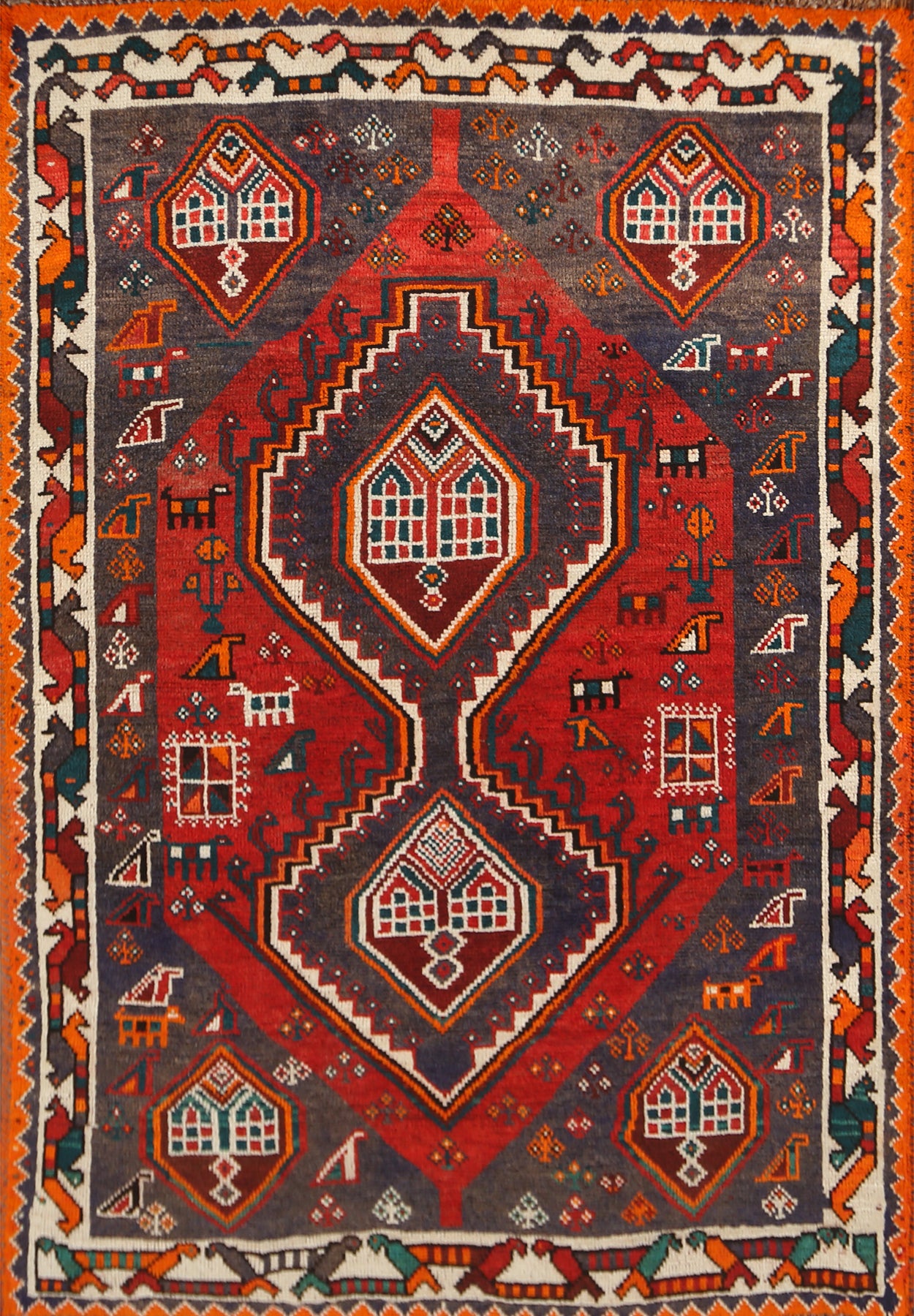 Animals Tribal Wool Qashqai Persian Rug 4x6