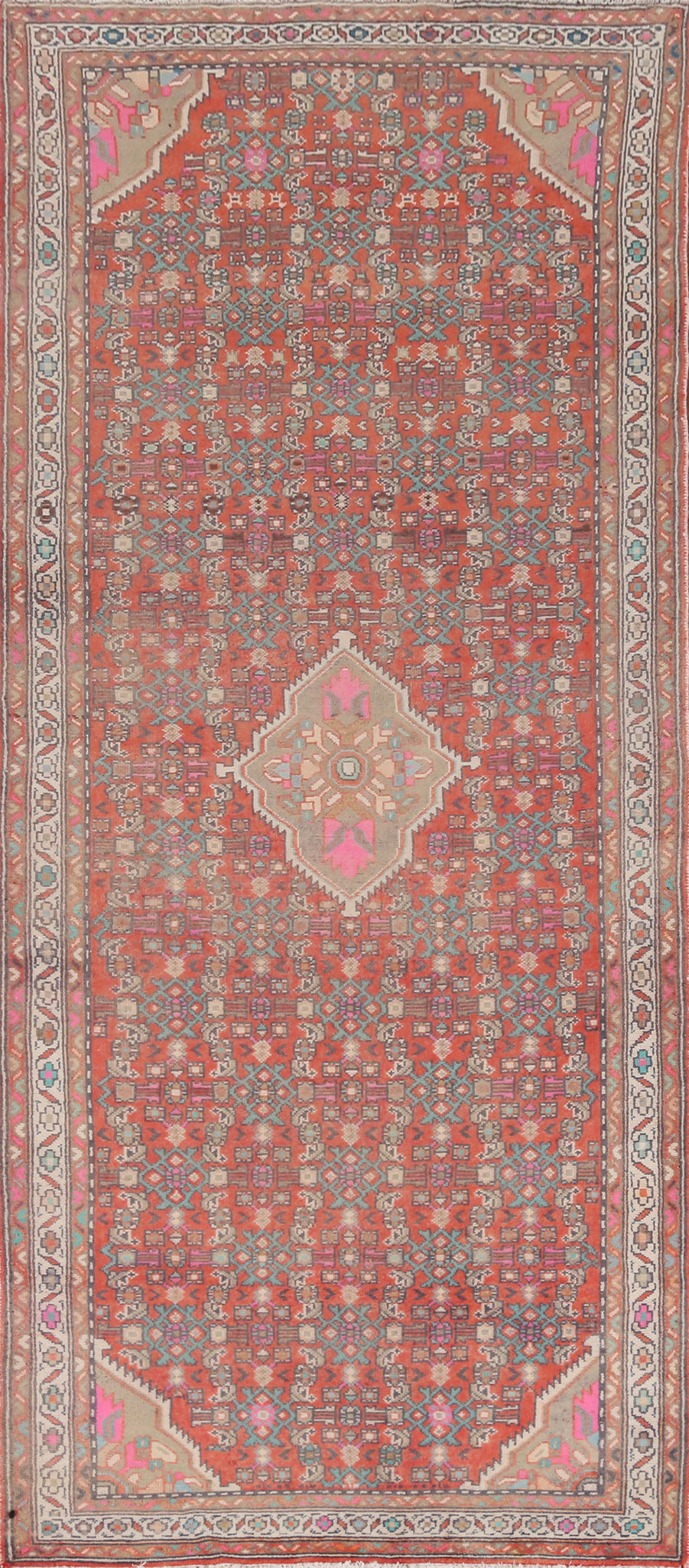 Vintage Geometric Hamedan Persian Runner Rug 4x10