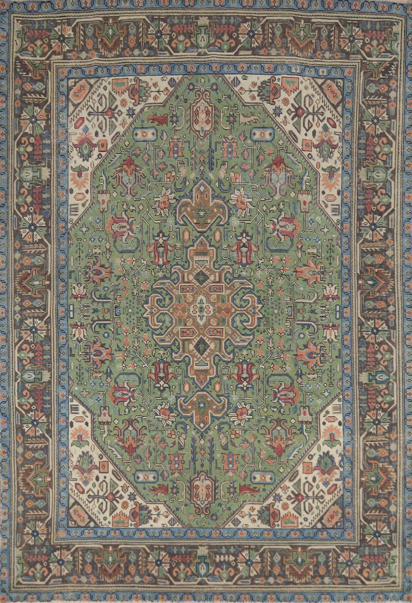 Vintage Green Tabriz Persian Area Rug 6x9