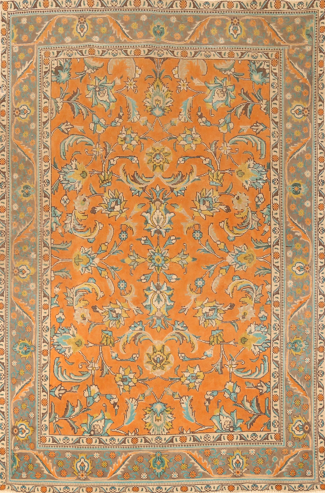 Orange Floral Wool Tabriz Persian Area Rug 6x9