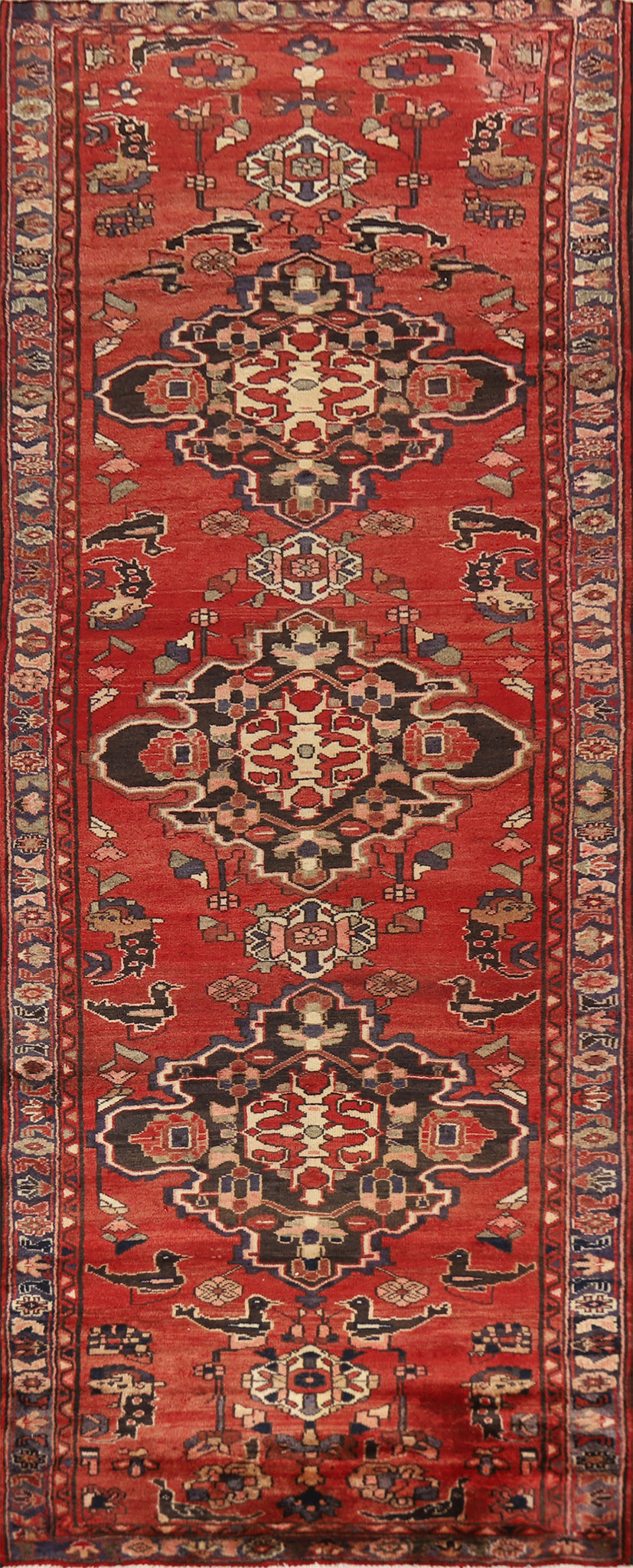 Animals Red Wool Heriz Persian Runner Rug 4x10