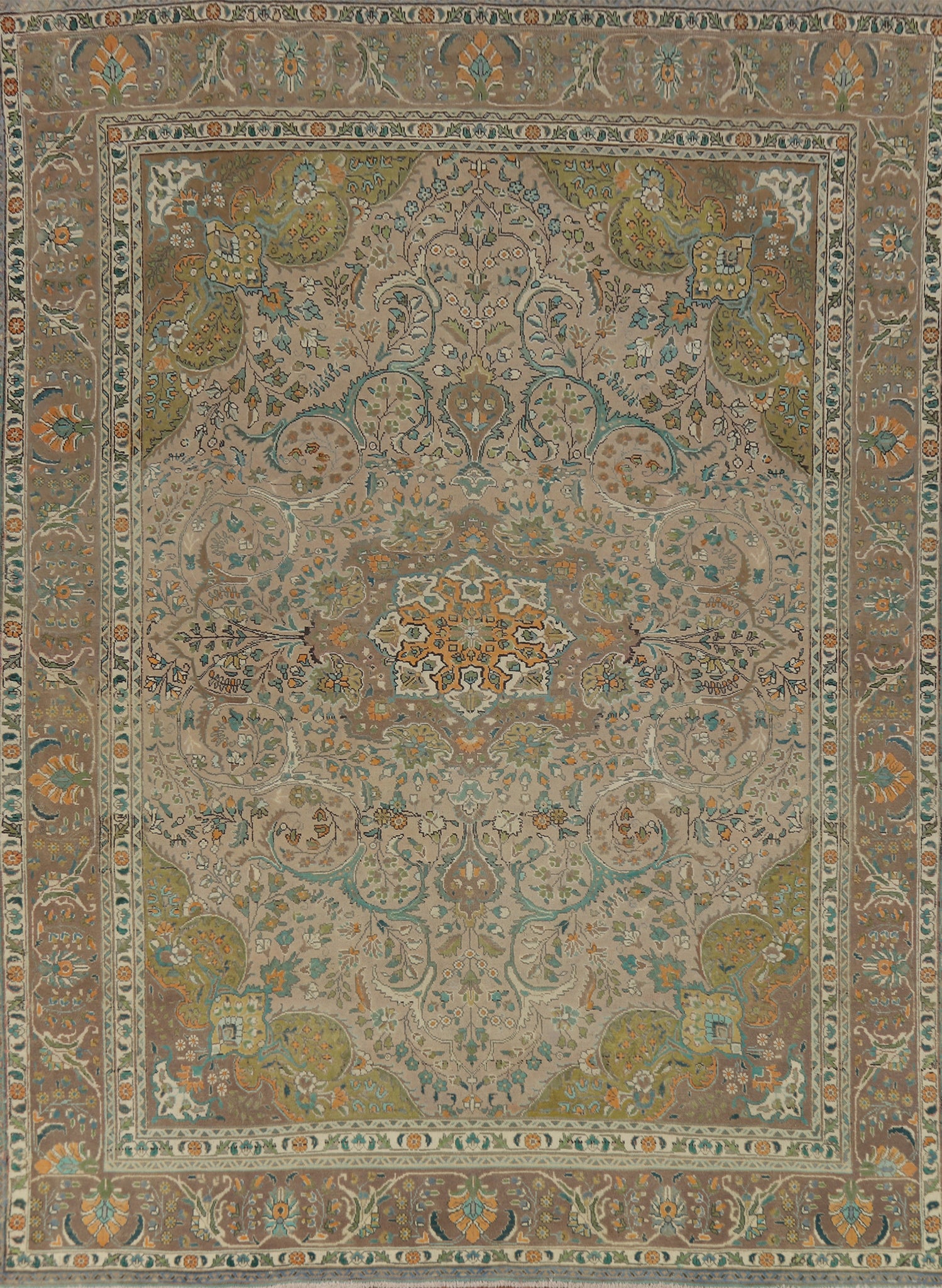 Floral Brown Wool Tabriz Persian Area Rug 10x13
