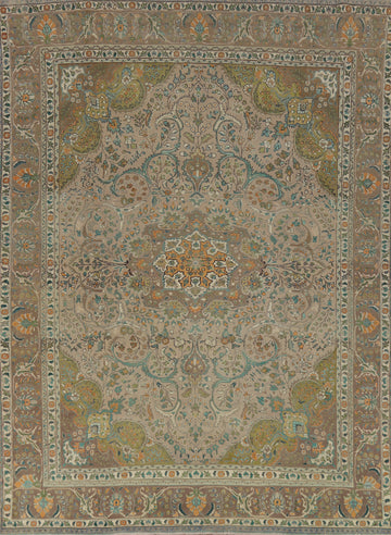 Floral Brown Wool Tabriz Persian Area Rug 10x13