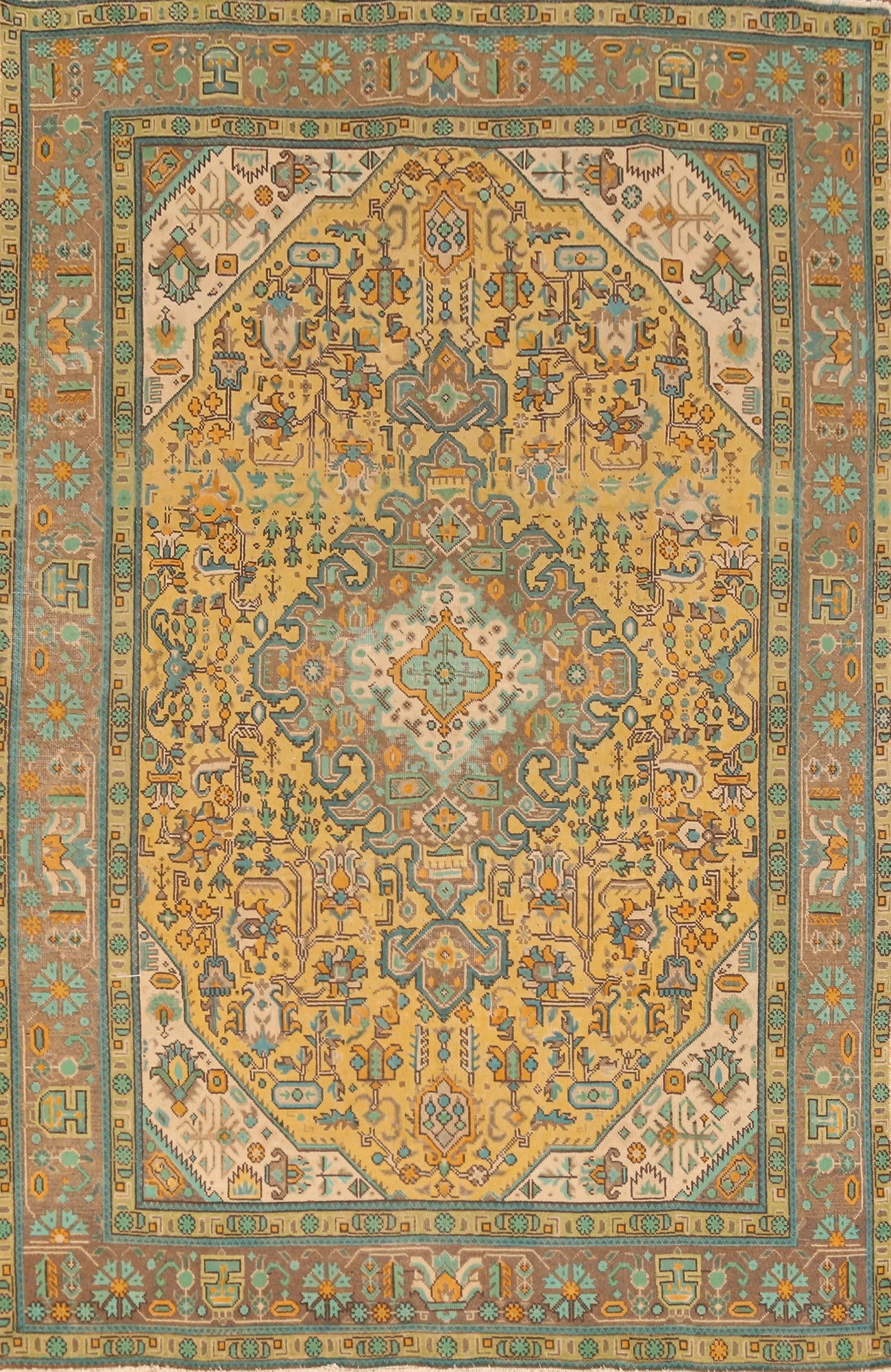 Vintage Yellow Wool Tabriz Persian Area Rug 6x9