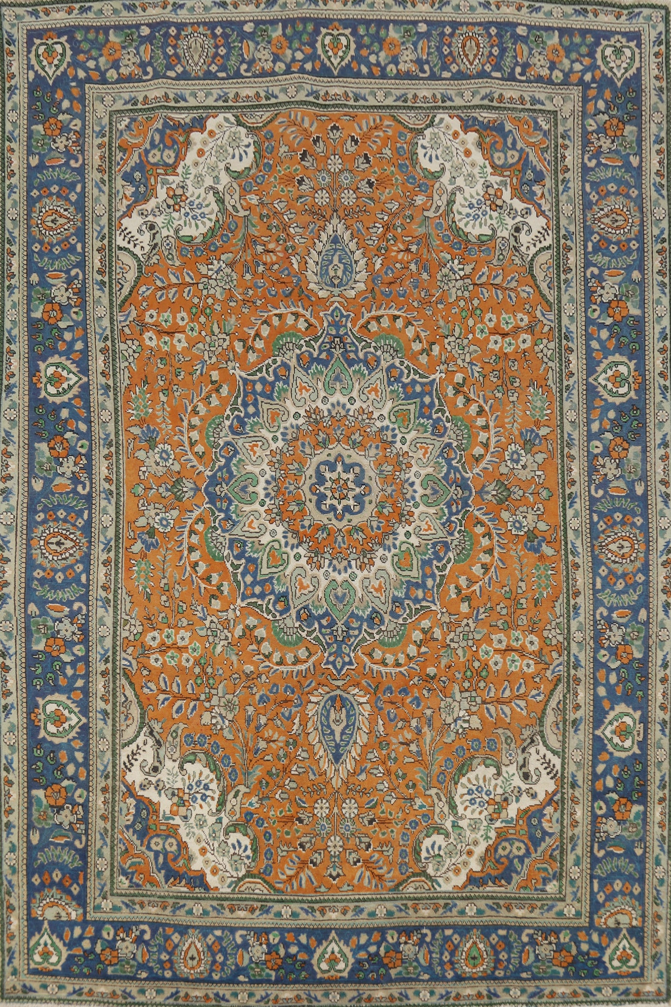 Orange Wool Floral Tabriz Persian Area Rug 7x10