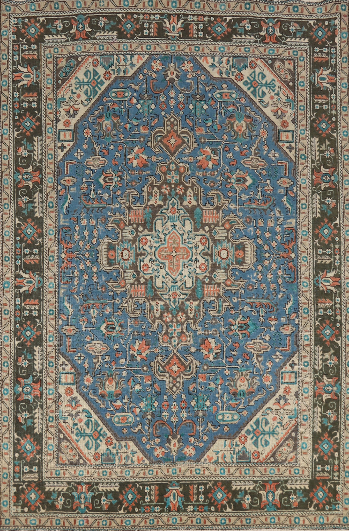 Geometric Blue Tabriz Persian Area Rug 7x9