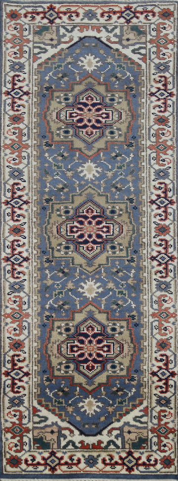 Geometric Blue Heriz Serapi Indian Runner Rug 3x8