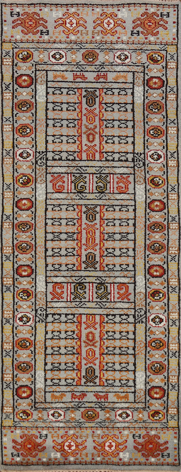 Geometric Wool Heriz Serapi Indian Runner Rug 3x8