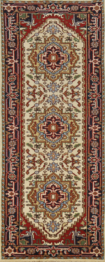 Geometric Wool Heriz Serapi Indian Runner Rug 2x8