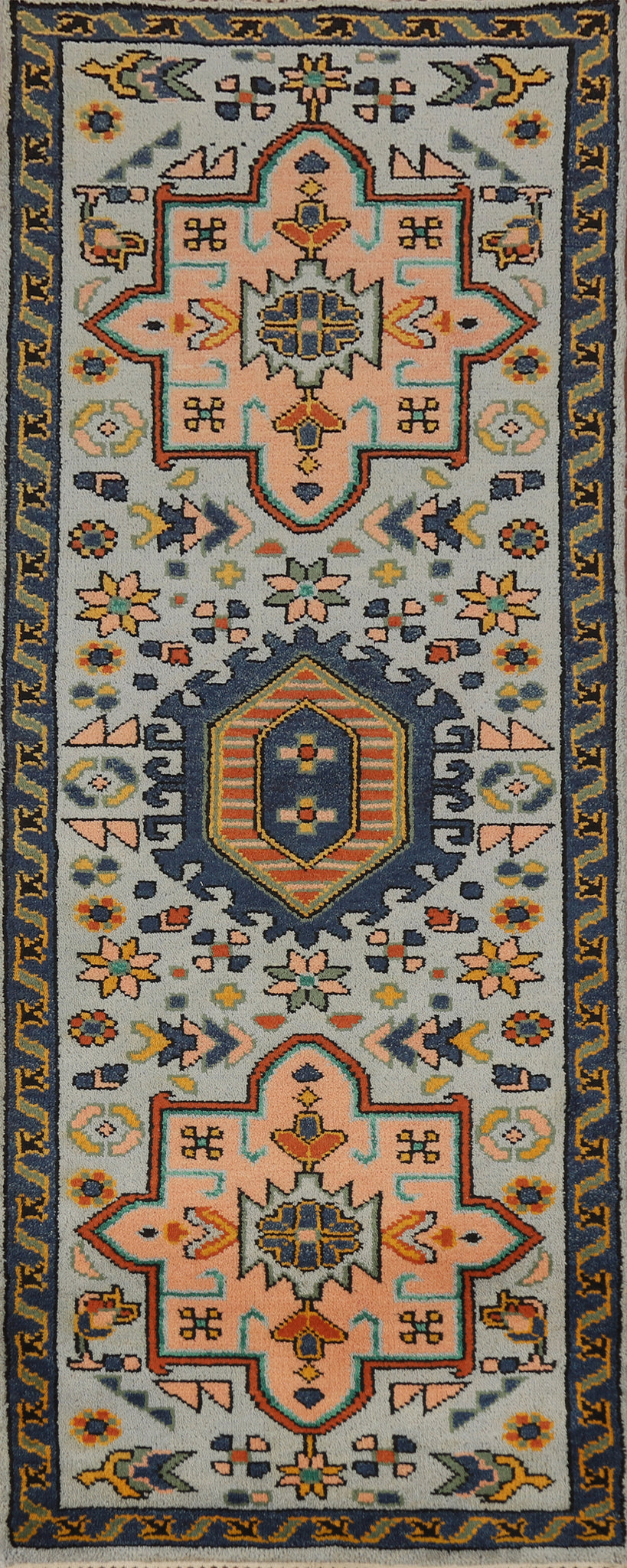 Geometric Wool Heriz Serapi Indian Runner Rug 3x8