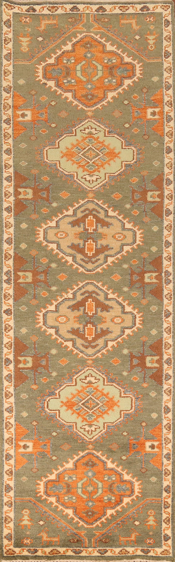 Green Geometric Heriz Serapi Indian Runner Rug 3x10