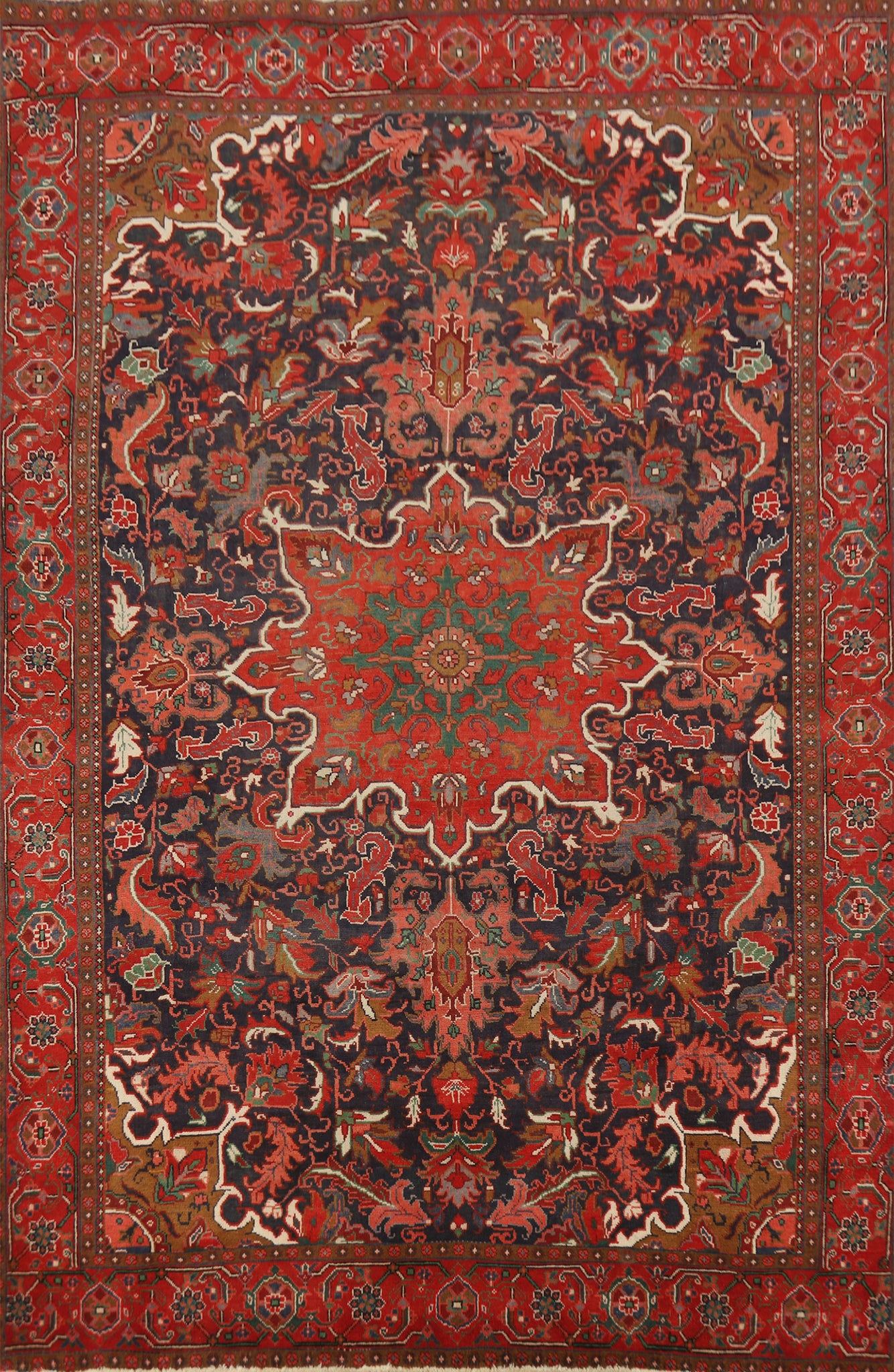Navy Blue Floral Heriz Persian Area Rug 7x10