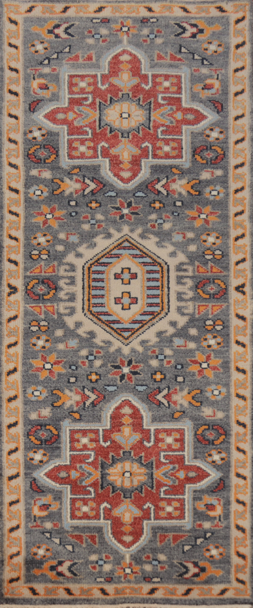 Gray Wool Heriz Serapi Indian Runner Rug 3x8