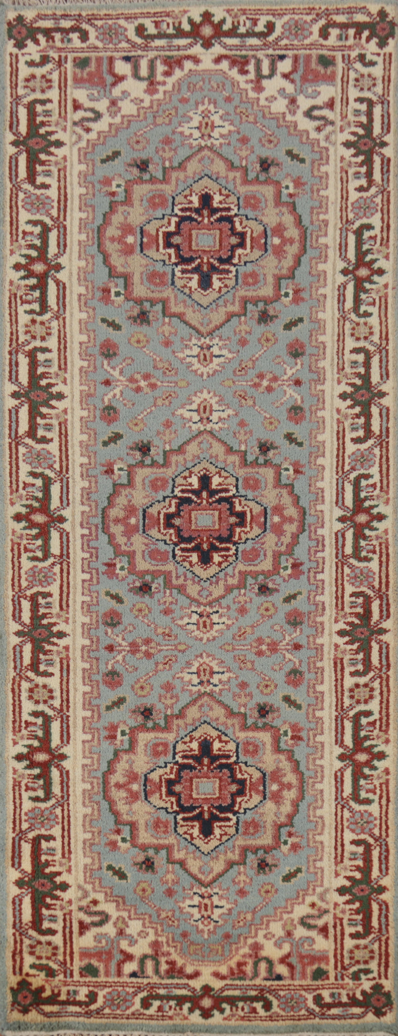 Light Blue Heriz Serapi Indian Runner Rug 3x8