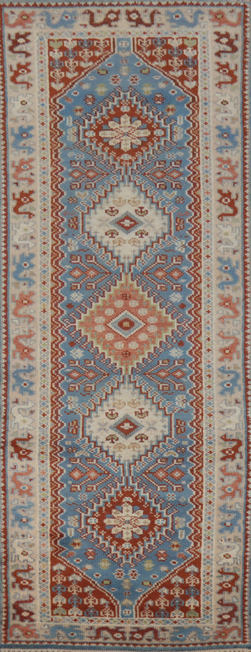 Light Blue Heriz Serapi Indian Runner Rug 3x8